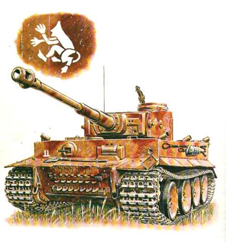 Tiger I, 2ª división Das Reich, 3er vehículo de la 1ª sección, 8ª Compañía de carros pesados, Kursk 1943, y como detalle la insignia de unidad pintada, el gnomo blanco