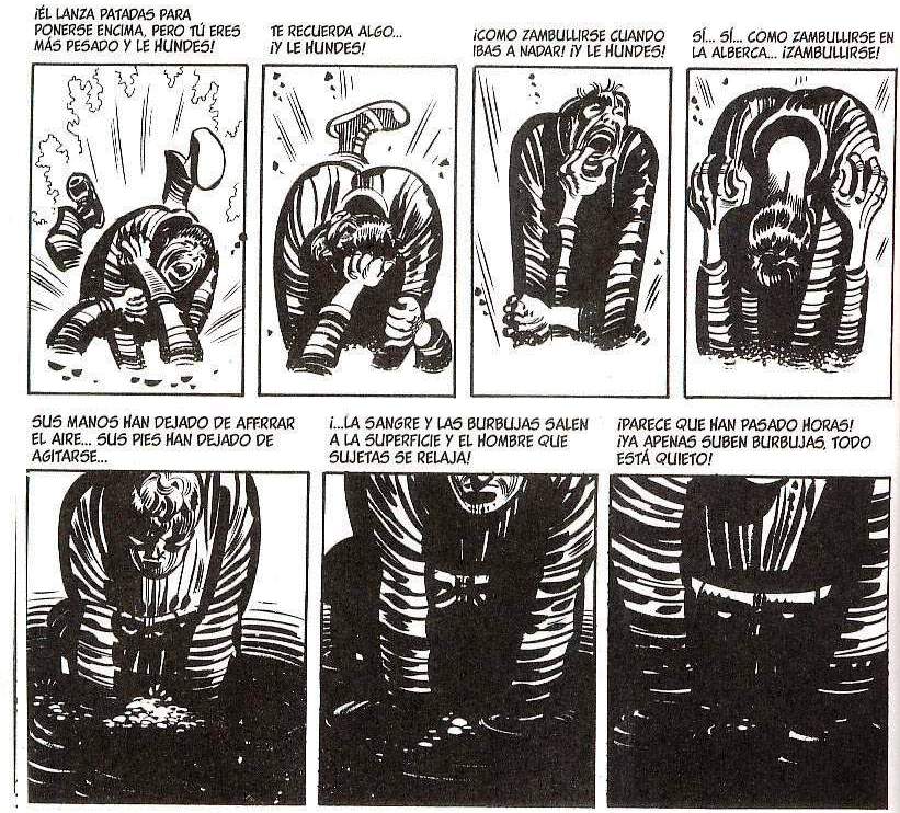 Detalle de una plancha de la historia de Corpse on the Imjin aparecida en Two Fisted Tales Nº 25 de enero-febrero de 1952, se puede observar el estilo para-cinematográfico del dibujo. Reproducción en B y N del original a color